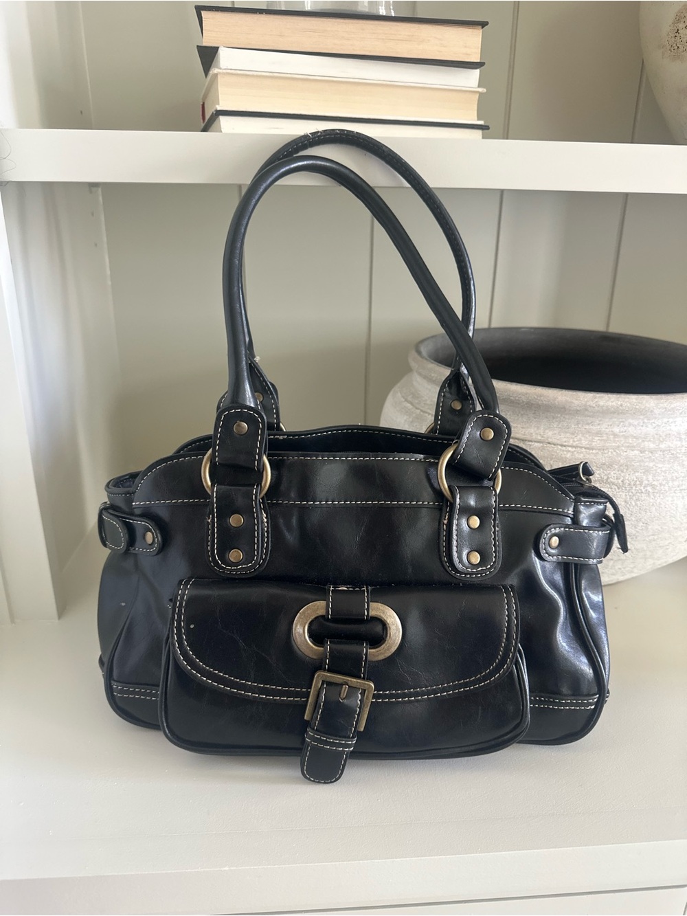 Y2K Vintage 2000s inspo Black faux Leather Shoulder Bag with Front Buckle Pocket